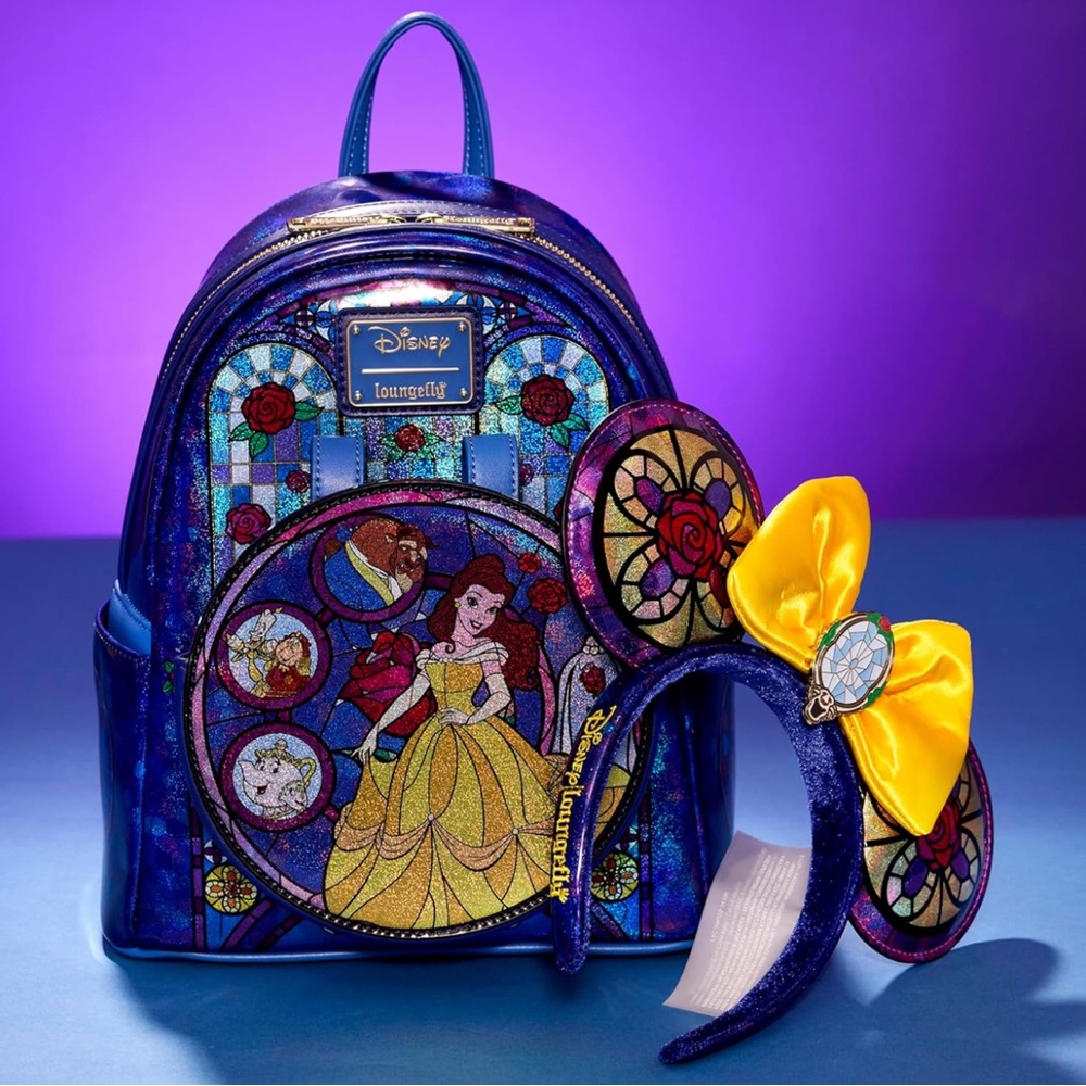 Loungefly Belle Disney Princess Stained Glass LE 1100 Ears & Backpack